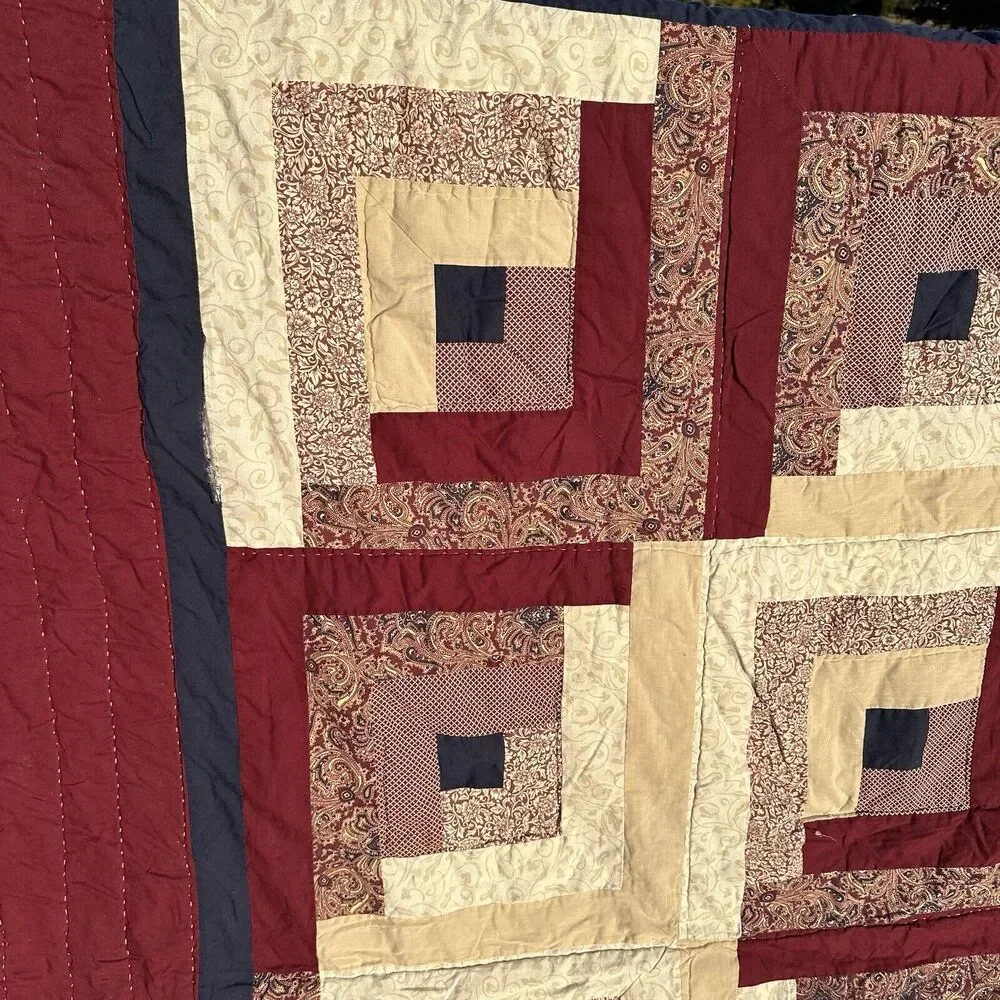 Vintage Hand Stitched Patchwork‎ Quilt Burgundy Classic Log Cabin